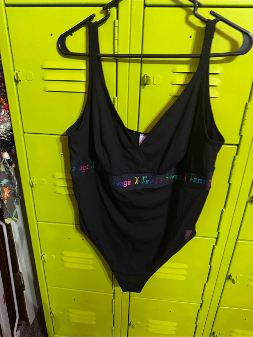 Savage X Fenty Black One-Piece Bodysuit with Rainbow Logo Band
